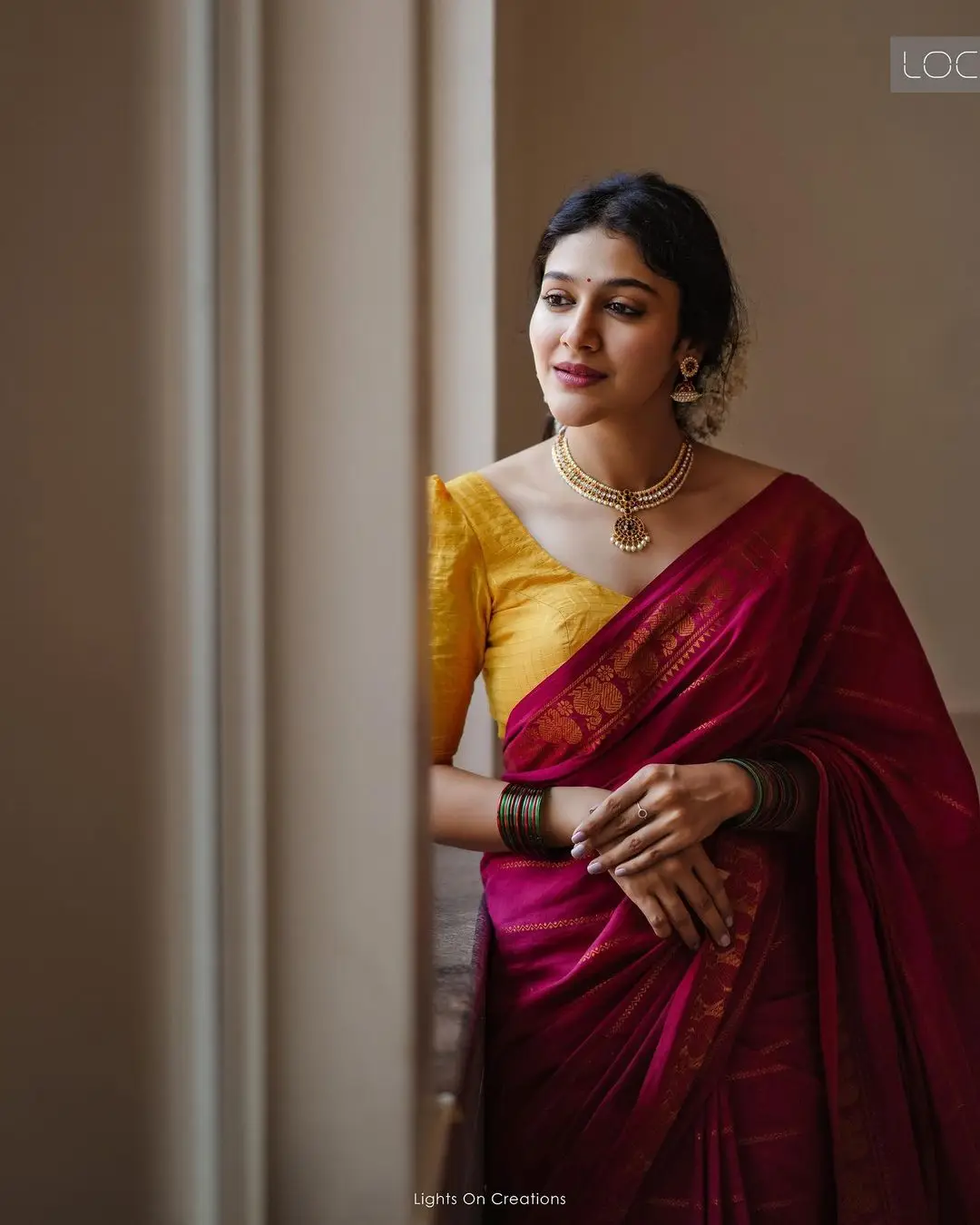 Indian Actress Anarkali Nazar Stills in Maroon Saree Yellow Blouse